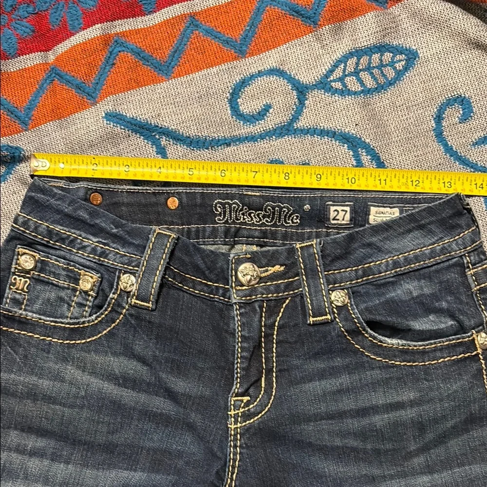Miss Me Boot Cut Jeans in Blue and Gold with Fleur-de-Lis Embroidery - Picture 6 of 9